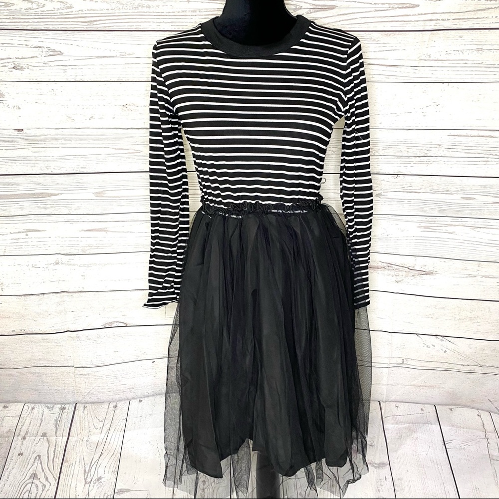 Chic Girl Black Striped Mesh Paneled Combo Dress